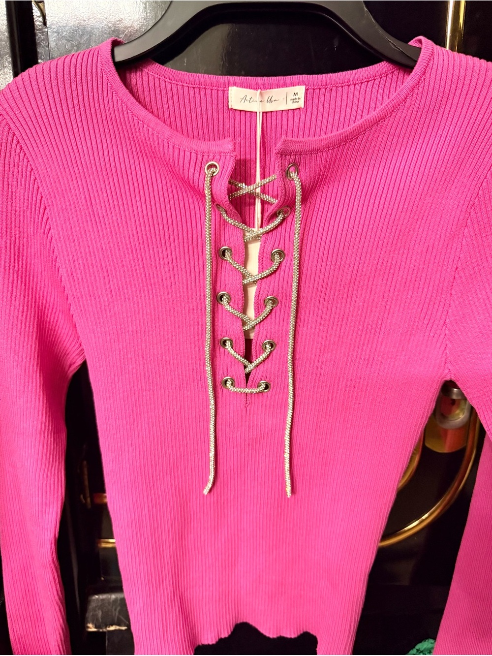 Active USA Hot Pink Ribbed Lace-Up Women's Sweater